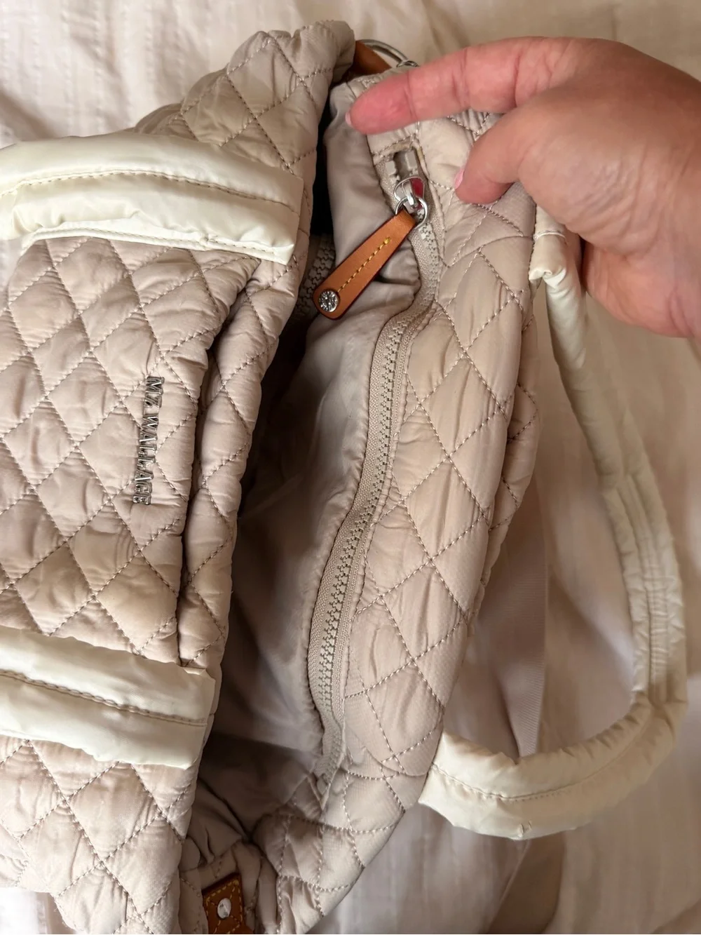Light Taupe Quilted Tote Bag with Cream Trim
